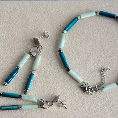 [déstockage -50%] parure "majella" acier inoxydable coquillage et hématite 18 cm bijoux femme assembler mains (a785)