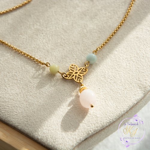 Collier "neliana" acier doré morganite rose 44 cm (a779)