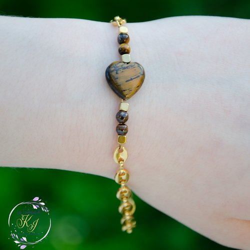 Bracelet "auralia" acier 316l doré et oeil de tigre 21 cm bijoux femme assembler mains (a770)