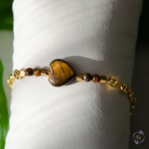 Bracelet "auralia" acier 316l et oeil de tigre 21 cm bijoux femme assembler mains (a770)