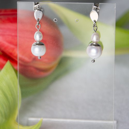 [déstockage -50%] boucles d'oreilles "atenea" acier et perles d'eau douce 32 mm bijoux femme assembler mains (a769)