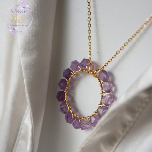 Collier "karina" acier 316 et améthyste 45 cm bijoux femme assembler mains (a765)