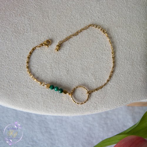 Bracelet "milissia" acier 316l doré et malachite 14 cm bijoux femme assembler mains (a764)