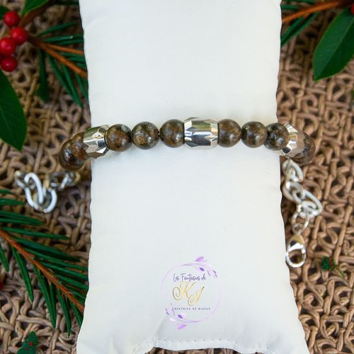 [déstockage -50%] bracelet "rugged" acier 316 rhodié homme bronzite 20 cm bijoux homme assembler mains (a755)