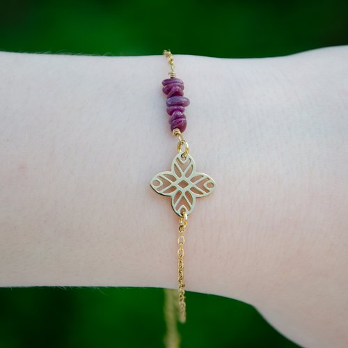 [déstockage -50%] bracelet "melida" acier inox doré rubis naturel 18 cm bijoux femme assembler mains (a753)