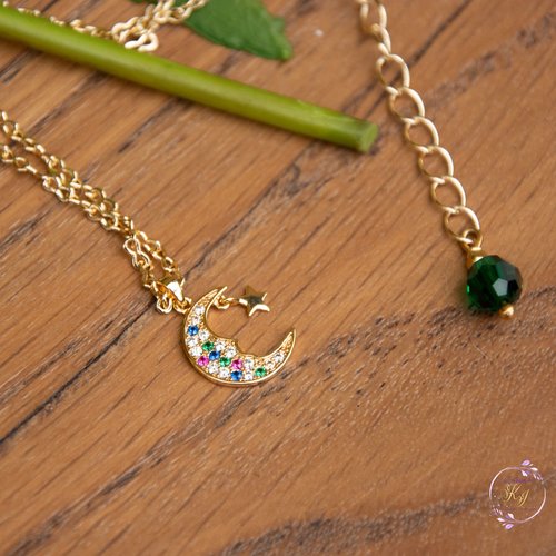 [déstockage -50%] collier "katessa" plaqué or 24k lune & cristal preciosa 35 cm bijoux femme assembler mains (a739)