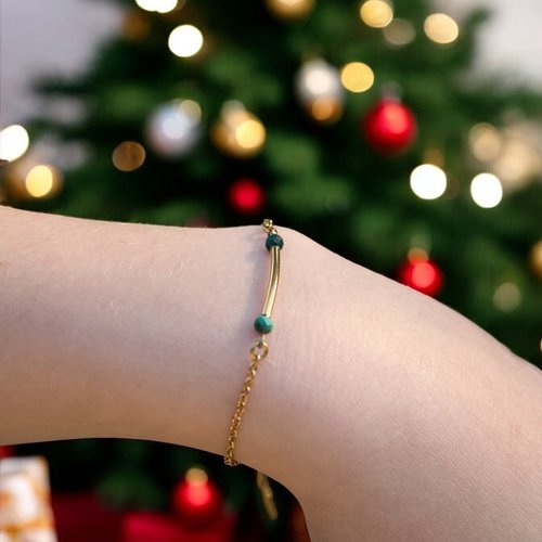 [déstockage -50%] bracelet "latica" acier inoxydable malachite 15 cm bijoux femme assembler mains (a738)