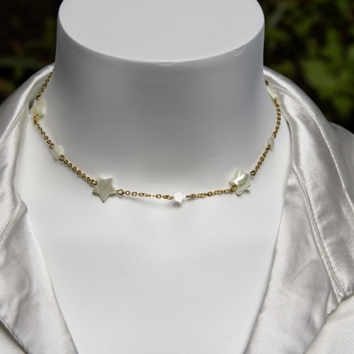 [déstockage -50%] collier "lyza" acier inoxydable nacre naturelle 36 cm bijoux femme assembler mains (a728)