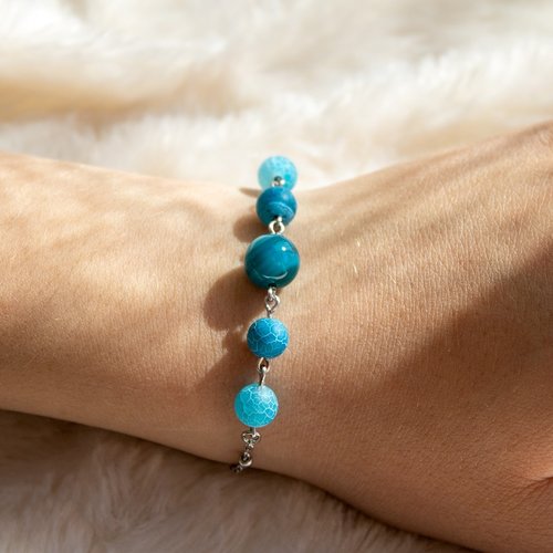 Bracelet "taya" acier et agate bleue 14.6 cm bijoux femme assembler mains (a720)