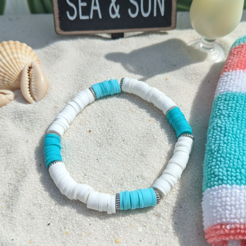 ​️ bracelet heishi "sea & sun" – blanc & bleu turquoise