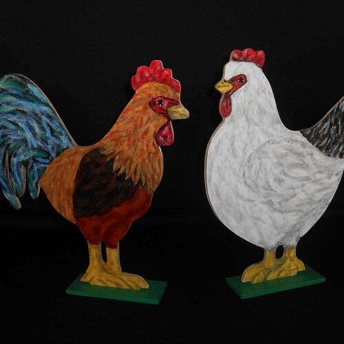 Coq et poule décoratifs en bois peints à la main