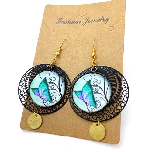 Boucles d'oreilles *jolis papillons* en laiton bronze avec pendentifs recouverts de cabochons en résine
