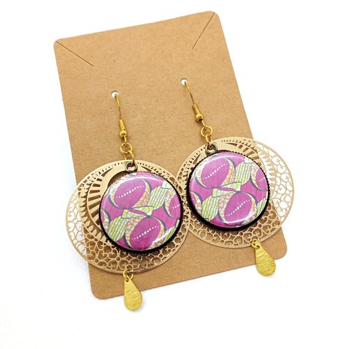 Destockage boucles d'oreilles *laurie* en laiton doré avec pendentifs recouverts de cabochons synthétiques