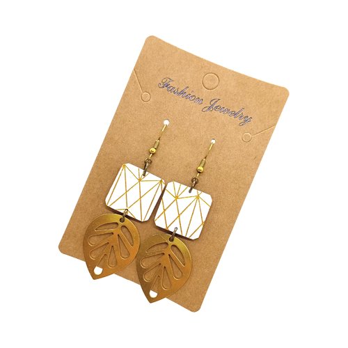 Destockage boucles d'oreilles en laiton doré avec pendentifs bois recouverts de papier verni