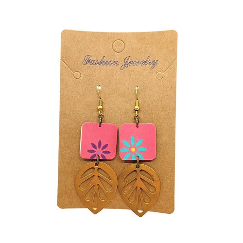 Destockage boucles d'oreilles en laiton avec pendentifs bois recouverts de papier verni