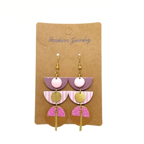 Destockage boucles d'oreilles en laiton doré avec pendentifs bois recouverts de papier verni