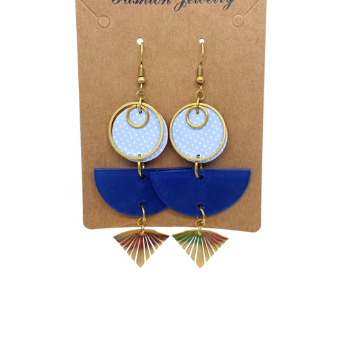 Destockage boucles d'oreilles en laiton doré avec pendentifs bois recouverts de papier verni