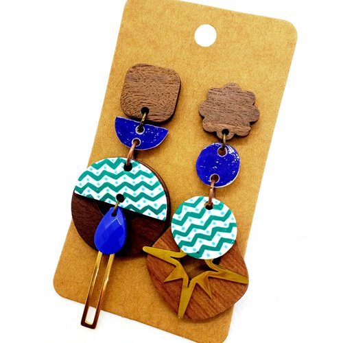 Boucles d'oreilles asymétriques *julienne* avec pendentifs en bois et en acrylique fait main