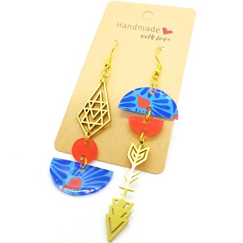 Boucles d'oreilles asymétriques en acier inoxydable doré avec pendentifs fait main