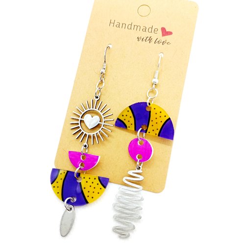 Boucles d'oreilles asymétriques en acier inoxydable argenté avec pendentifs fait main