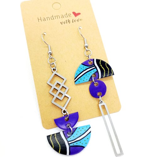 Boucles d'oreilles asymétriques en acier inoxydable argenté avec pendentifs fait main