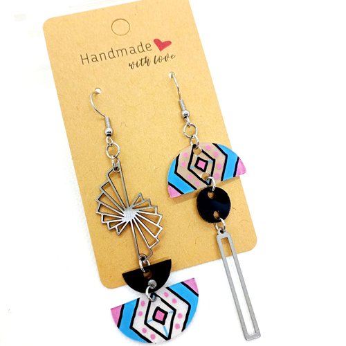 Boucles d'oreilles asymétriques en acier inoxydable argenté avec pendentifs fait main