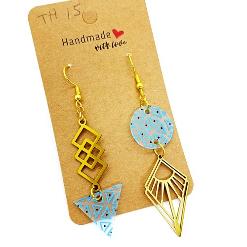 Boucles d'oreilles asymétriques en acier inoxydable doré avec pendentifs fait main