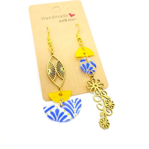 Boucles d'oreilles asymétriques en acier inoxydable doré avec pendentifs fait main