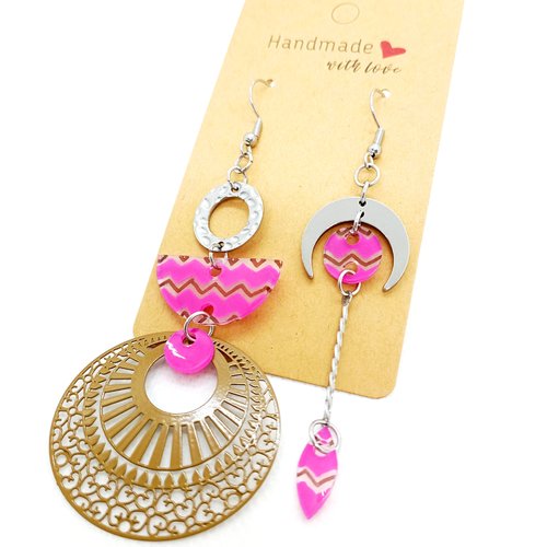 Boucles d'oreilles asymétriques en acier inoxydable argenté avec pendentifs fait main