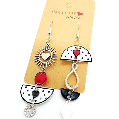 Boucles d'oreilles asymétriques en acier inoxydable argenté avec pendentifs fait main