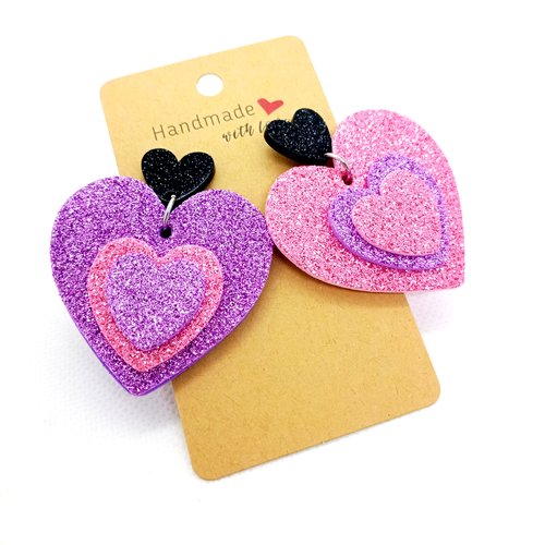 Boucles d'oreilles fantaisie cœurs pailletés saint-valentin