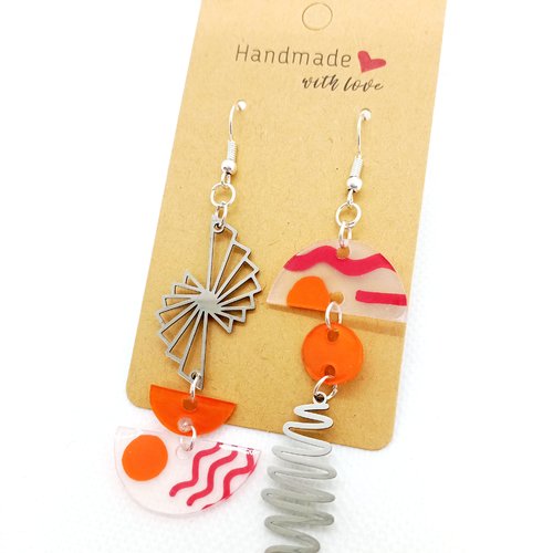 Boucles d'oreilles asymétriques en acier inoxydable argenté avec pendentifs fait main