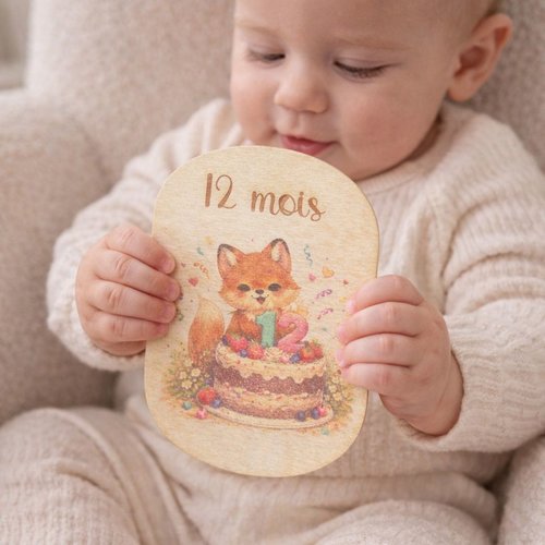 Cartes étapes bébé en bois gravé renard – souvenir naissance personnalisé