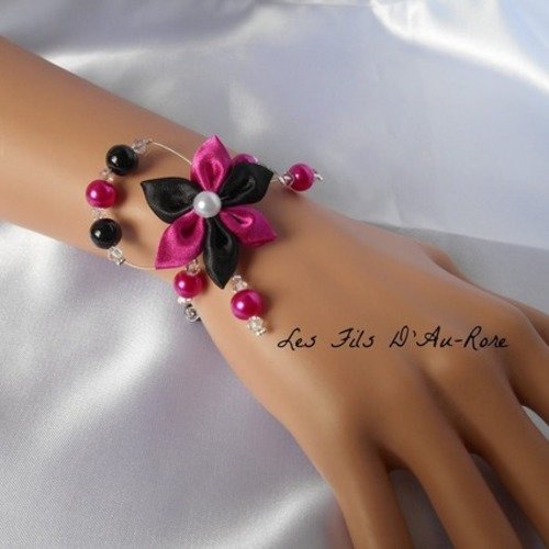 Parure accessoires anais avec perles swarovski et fleur en satin double couleurs fuchsia et noir 