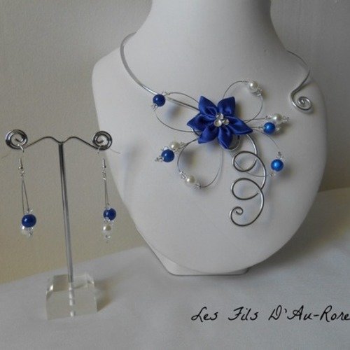 Parure adeline 3 pièces avec fleurs en satin bleu roi et perles swarovski 