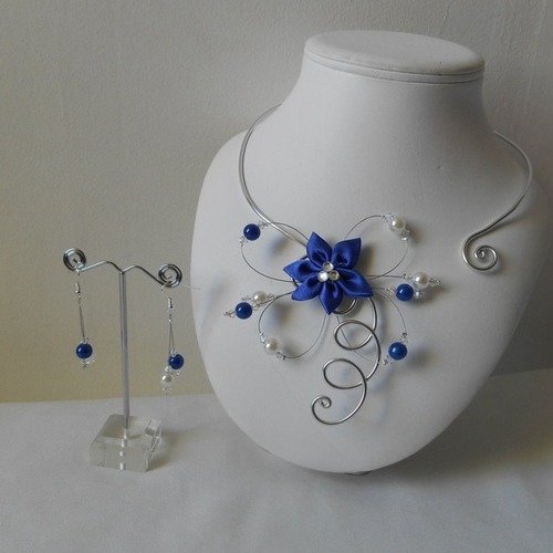 Parure adeline 2 pièces avec fleur en satin bleu roi et perles swarovski 
