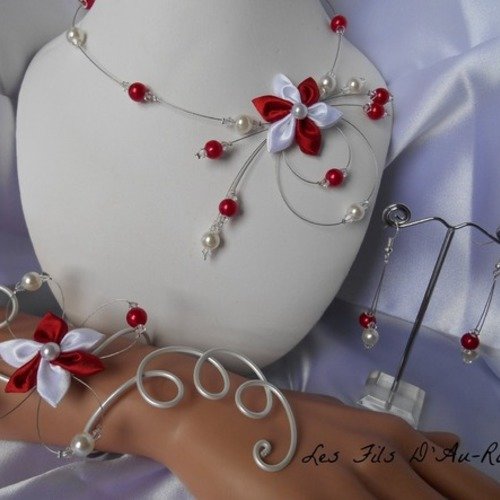 Parure juliette 3 pièces avec fleur en satin rouge et blanche et perles swarovski 