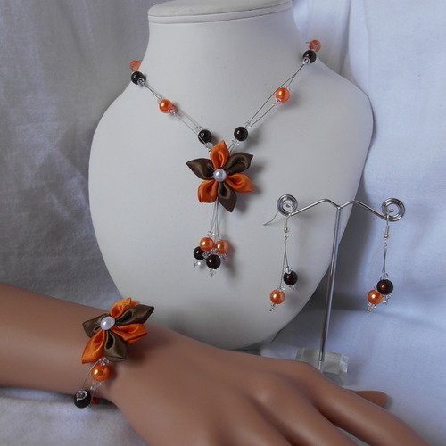Parure 3 pièces zoe avec collier , bracelet et boucles d'oreilles couleurs marron et orange 