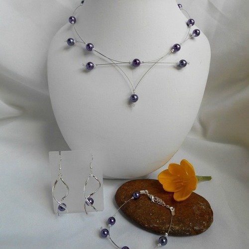 Parure 3 pièces perlica collier, bracelet, bo violet mauve 