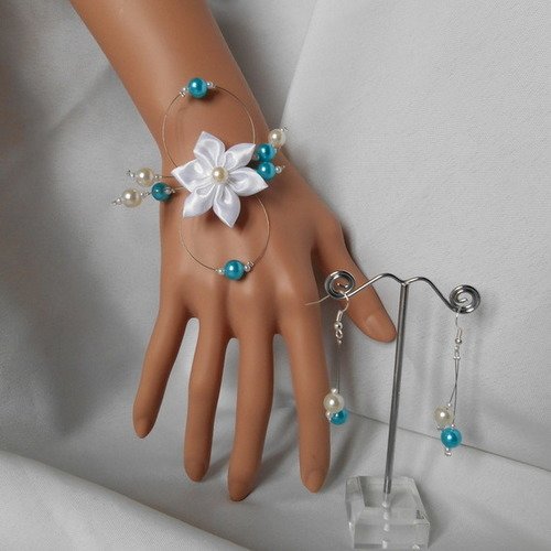 Parure 2 pièces athena bracelet & boucles d'oreille turquoise et blanche 