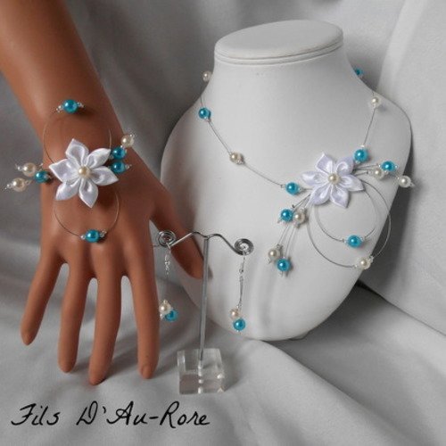 Parure athena 3 pièces, collier, bracelet & bo en turquoise et blanc 