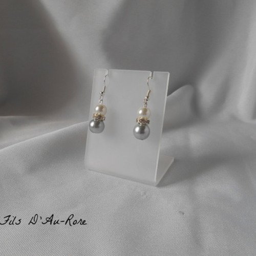 Boucles d'oreille " azur " avec perles nacrée & gris 