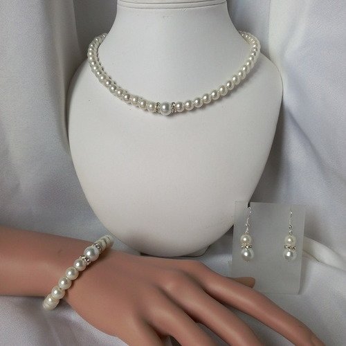 Parure mariage "anabelle" 3 pièces, collier, bracelet & bo en perles nacrée 