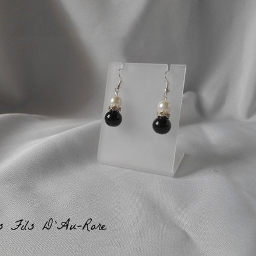 Boucles d'oreille " azur " avec perles nacrée & noir 