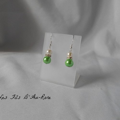 Boucles d'oreille " azur " avec perles nacrée & verte 