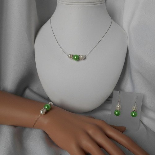 Parure 3 pièces "azur" avec perles nacrée & verte 