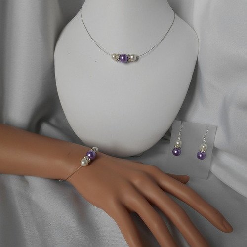 Parure 3 pièces "azur" avec perles nacrée & violet 