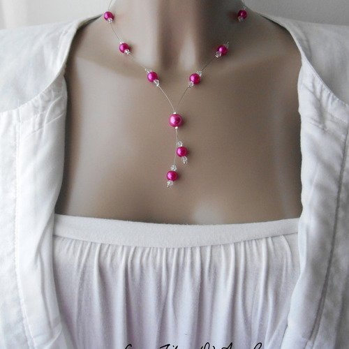 Parure "fantasia" collier & bo avec perles fuchsia et swarovsk 
