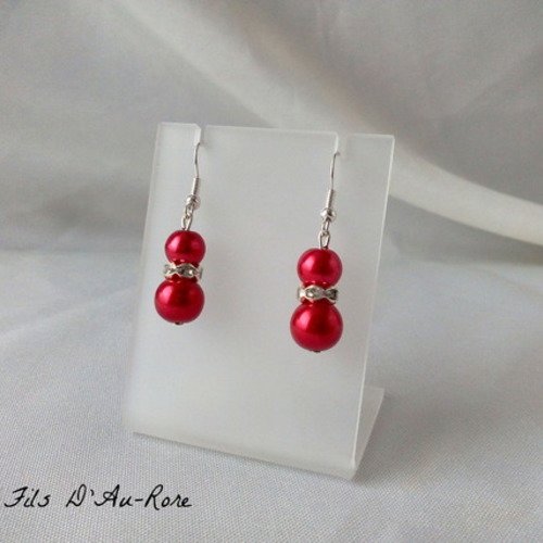 Boucles d'oreille " azur " avec perles nacrée rouge 