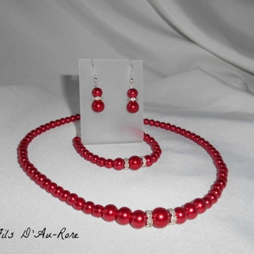 Parure mariage "chloe " 3 pièces, collier, bracelet & bo en perles nacrée rouge 